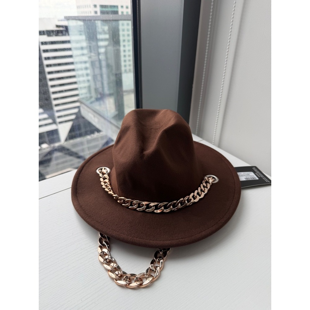 PrettyLittleThing Chocolate Brown Fedora Hat with Gold Chain Detail NWT